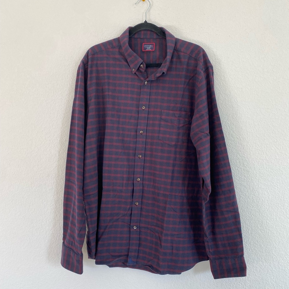 Untuckit Plaid Long Sleeve Button-Up Shirt Blue Maroon Size XXL TALL Preppy